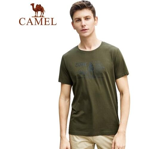 CAMEL Casual Workout Summer T-Shirt Men Short Sleeve Fitness Cotton Loose Tennis Fashion Solid Training Running Sport Elastic