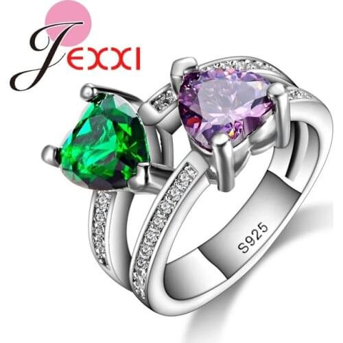 Creative Design Hollow Romantic Double Hearts Purple Green Crystal Women Wedding Party Rings Fashion Silver Jewelry
