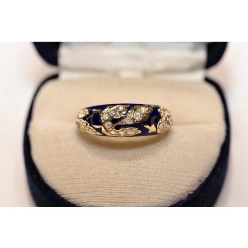 ANTIQUE STYLE 14K GOLD NEW MADE NATURAL DIAMOND AND BLUE ENAMEL DECORATED RING
