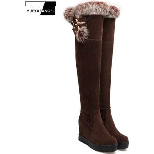 Hot Sale Fashion Women Over The Knee Boots Round Toe Slip On For Women Snow Boots Warm Plush Ladies Winter Platform Shoes Black