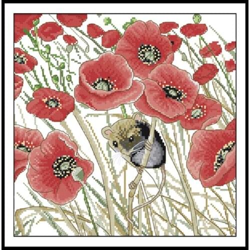Poppy and Mouse Patterns DIY Needlework Kit Cross Stitch Kits 14ct 11ct Counted Printed Canvas Cotton Thread Set Embroidery Sets