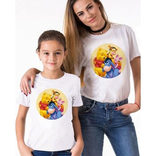 Winne The Pooh Cute Cartoon T Shirts Summer White O-neck Cute Graphic Tshirt Mommy And Me Dad Son T-shirt Family Matching Outfit