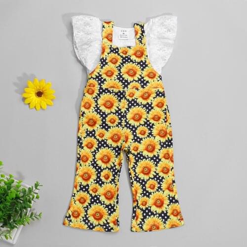 Fashion Clothes Lace Floral Short Sleeve T Shirts Sunflowers Overalls Pants Summer 0-5Y Baby Girls Holiday Clothes Sets