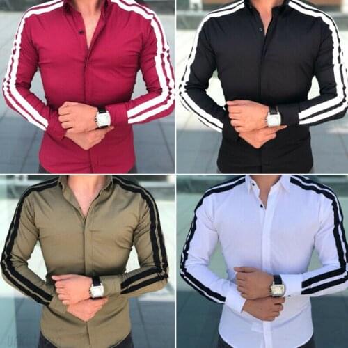 Fashion Mens Casual Shirts Business Dress T-shirt Long Sleeve Striped Slim Fit Tops 4Colors