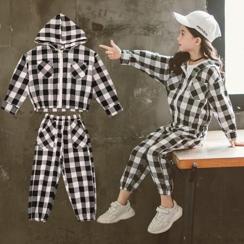 Fashion Girls Clothing Set Spring Autumn Children Plaid Suits Hooded Jackets + Pants Casual Tracksuit School Kids Girls Clothes