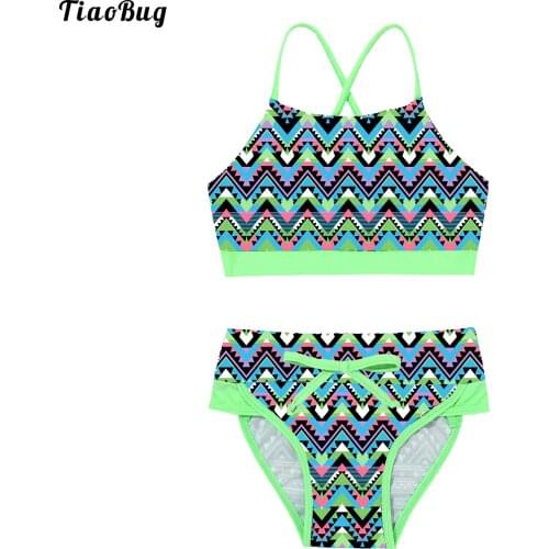 TiaoBug Fashion Summer Kids Girls 2Pcs Swimsuit Swimwear Geometric Pattern Floral Print Bathing Suit Bikini Top With Briefs Sets