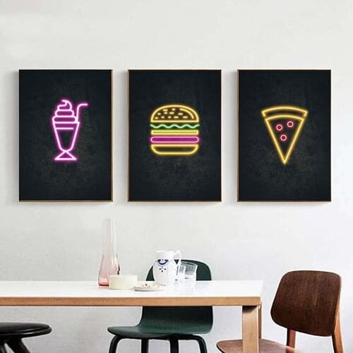 Kitchen Neon Light Effect Art Wall Picture Pizza Painting Food Art Modern Picture Gallery Poster and Print for Living Room Decor