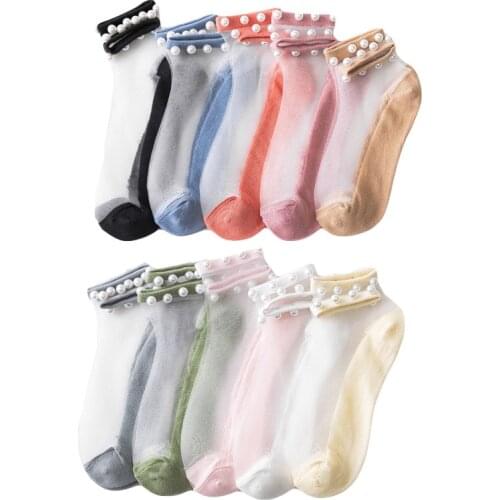 1 Pair of Summer Thin Pearl Transparent Glass Fiber Womens Socks Popular in Spring and Summer Korean Cotton Womens Socks