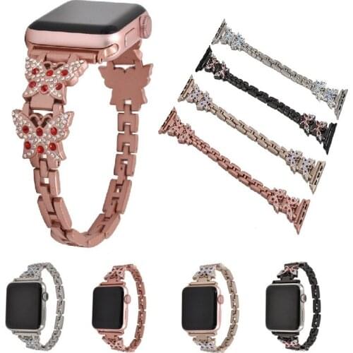 Butterfly Diamond Luxury Strap for Apple Watch 2 3 4 5 6 Womens Color Preserving Metal Rose Gold Women Party Length Adjustable