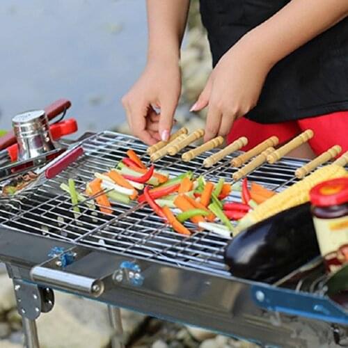 12 Pieces Skewer Barbecue Tool Mutton Shashlik Sign Wooden Handle Barbecue Drill Round Stainless Steel BBQ Fork Barbeque Tools