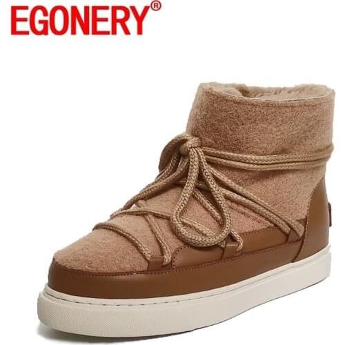 EGONERY Cute Wool Snow Boots 2022 Winter Style Low Heel Warm Shoes Round Toe Slip-On Cross Tied Fashion Booties Ladies Boats