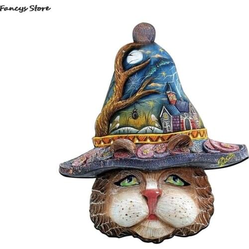 Halloween Family Decoration Wooden Sign Funny Cat Face For Door Window Fireplace Pendant Strange Cat Wearing Hat Cute Ornament