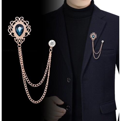 New Vintage Tassel Chain Brooches Rhinestones Crystal Lapel Pins Shirt Suit Collar Pin Fashion Jewelry for Men Women Accessories