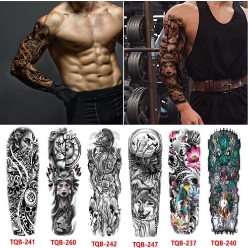 Totem Geometric Sticker Waterproof Temporary Tattoo Large Size Drawing Full Arm Sleeve 3D Clock Wolf Fake Tattoos For Men Women