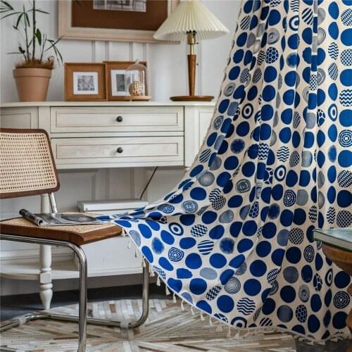 Cilected Bohemian Blue Dot Printed Tassel Curtain Home Furnishing Semi-shading Wear Rod Hanging Curtain Decor Cotton Curtain