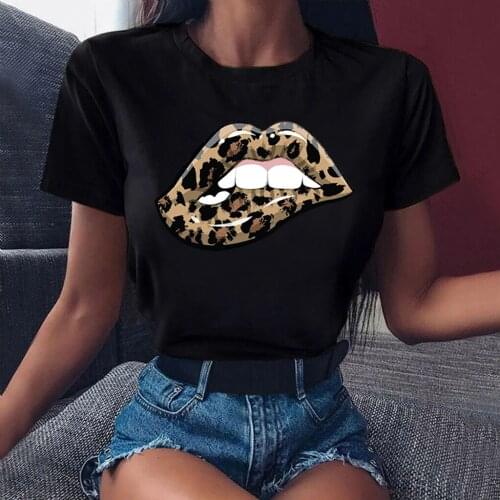 Women T Shirt Leopard Llips Printed T Shirt Women Fashion T Shirt Female Short Sleeve Cute Graphic Tee Tops Women Casual T-shirt
