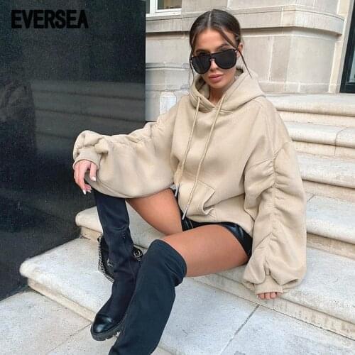 Eversea Pile Sleeve Women Sweatshirt Hoodies Loose Baggy Drawstring Lady Winter Korean Fashion Tops