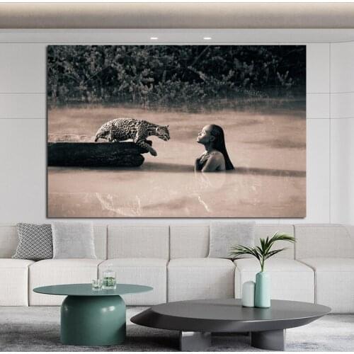 A woman leopard Nature Art Canvas Painting Wall Picture For Living Room photo print Home Decor