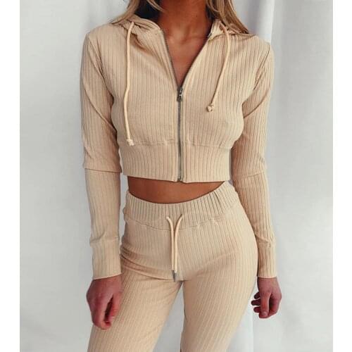 Women Long Sleeve Crop Top Hoodie High Waist Pants Solid Color Tracksuit Outfit