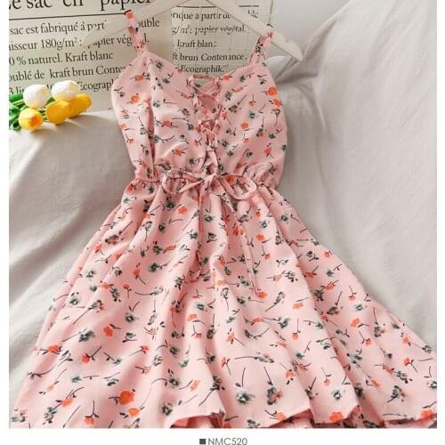 Women Sleeveless Dress Floral Print Spaghetti Straps Cross Drawstring Knee Length High Waist V-neck Summer Casual Dresses Simple