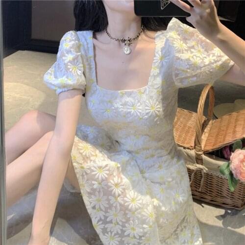 Square Collar Short Puff Sleeve Mesh Floral Embroidery Women Dress French Short Style Summer Slim Mori Girl Dresses Vestidos