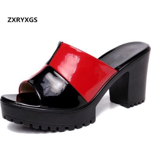 2019 Newest Mixed Colors Patent Leather Shoes Fashion Slippers Non-slip High Heels Plus Size Summer Sandals Slippers Women Shoes