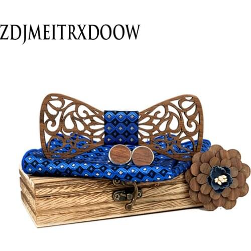 2020 Paisley Hollow Carved Wooden Bowtie Pocket Square Set Navy Floral Wood Bow Ties For Men Wedding Box Fashion Novelty T210