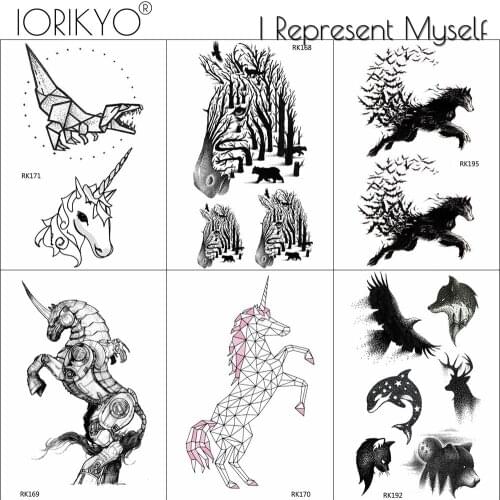 Black War Horse Unicorn Children Temporary Tattoo Men Arm Zebra Tattoo Stickers Women Forest Horse Fake Waterproof Tatoos Kids