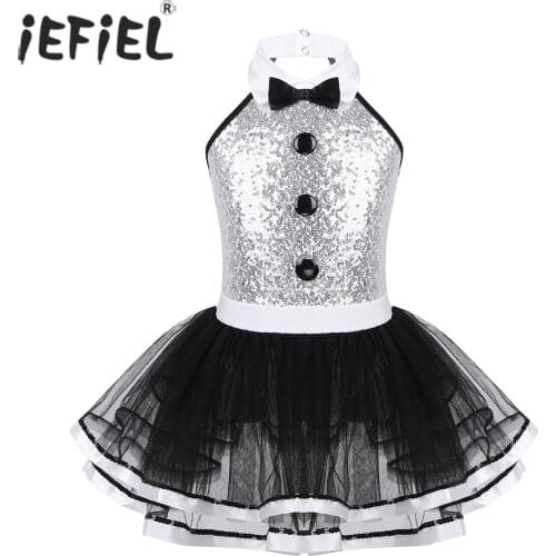 Kids Girls Ballroom Dance Costume Dancewear Shiny Sequins Mesh Decorative Button Ballerina Dance Gymnastics Leotard Tutu Dress