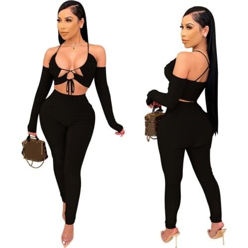 CHRONSTYLE Sexy 2 Pieces Womens Suits V-neck Off Shoulder Hollow Out Lace-up T-shirt Crop Top High Waist Bodycon Pants Trousers