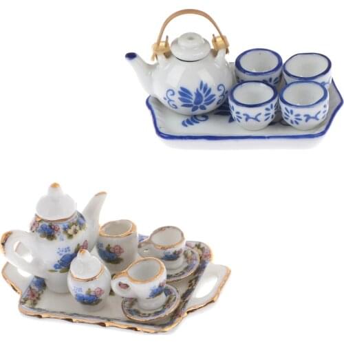 6Pcs Dollhouse Miniature Dining Ware Blue Porcelain Tea Set Dish Cup Plate China Ceramic Tea Set Dolls House