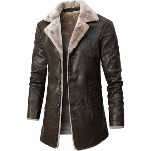Mens winter warm long leather jacket fleece lined thick thermal business pu coat casual windbreaker outwear with fur collar