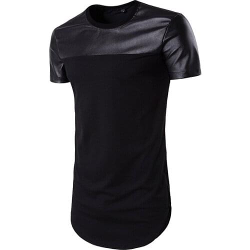 Men Hipster Patchwork Leather Longline T-shirts 2021 Summer Slim Fit Short Sleeve T Shirt Men Streetwear Hip Hop Tee Shirt Homme