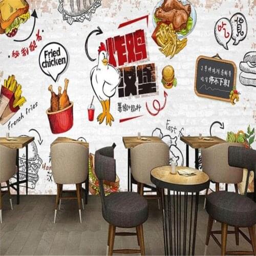 Custom retro fried chicken burger 3D wall paper fast food restaurant decor mural self-adhesive wallpaper papel de parede 3d