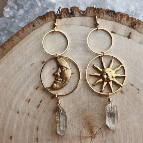 Raw Crystal Quartz Sun & Moon Earrings Celestial Crescent Moon Hippie Boho Witchy Jewelry, Gift For Her