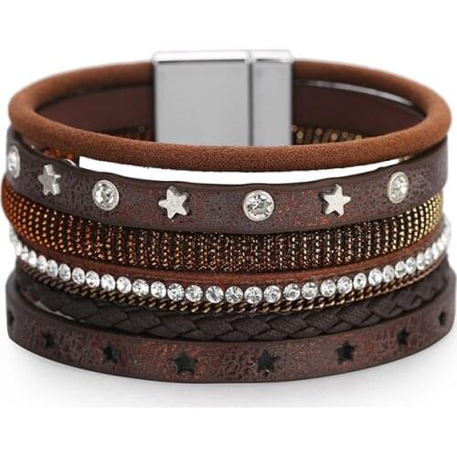 Rhinestone Star Charm Leather Bracelets for Women Fashion Boho Multilayer Punk Rivet Wide Wrap Bracelet Female Jewelry Gift