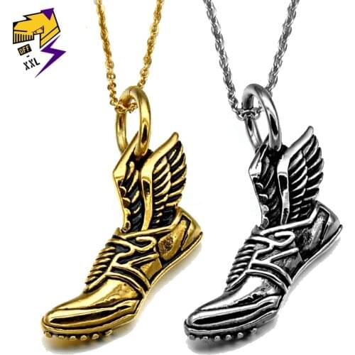 Vintage Wings Shoes Pendant Men Necklaces Stainless Steel Chains Antique Gold Color Freestyle Street Parkour Jewelry Women