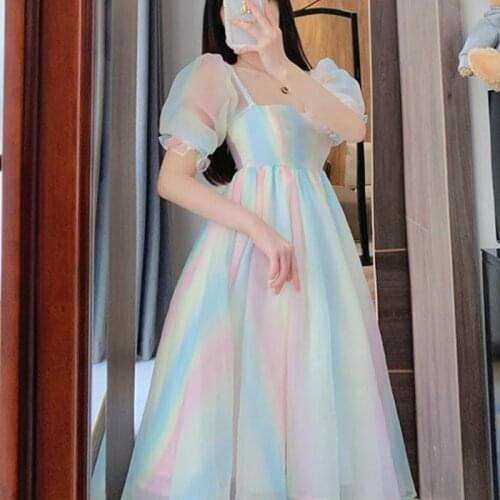 French Princess Rainbow Dresses for Women 2021 Sweet Elegant Fairy Korean Victorian Dress Summer Beach Party Midi Dress Casual