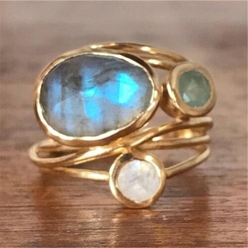 Bohemian Size 6-10 Vintage Jewelry Retro Three Round Colorful Imitation Opal Rings for Women Gold Color Finger Ring Bijoux Mujer