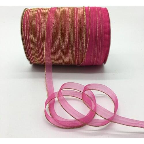 10yds/lot 3/8" 10mm Light rose Glitter Golden Rimmed Organza Ribbon Bow Hair Wedding Decoration Lace Crafts