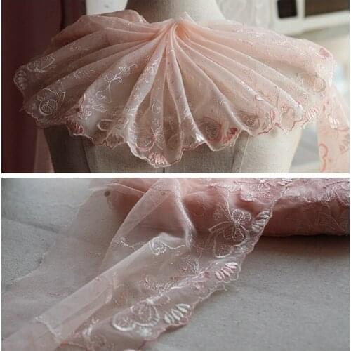 Free shipping 2y/lot 18cm wide Embroidered Floral Tulle Lace Trim~M pink ~lovely