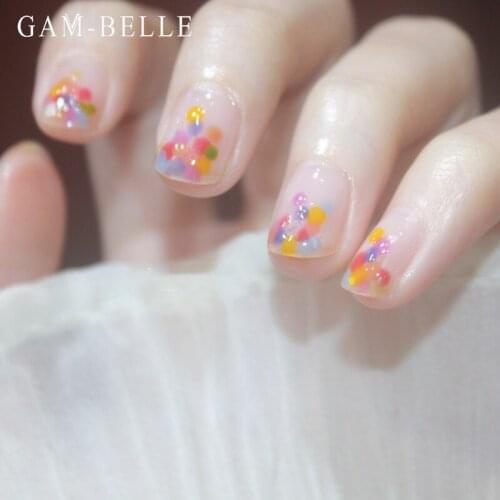 GAM-BELLE 24Pcs Summer Cute Rainbow Color Dot Fake Nails French Short Artificial Press On Nails DIY Manicure Decoration Tool