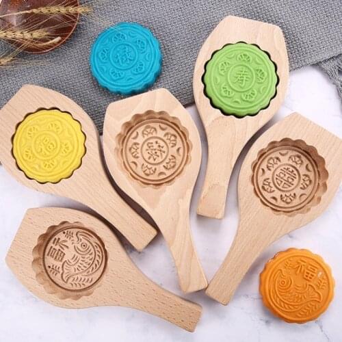 H7EA 3D Exquisite Pattern Traditional Wooden Carved Round Wooden Mould Mid-autumn Festival Easy Clean Gift for Family Home