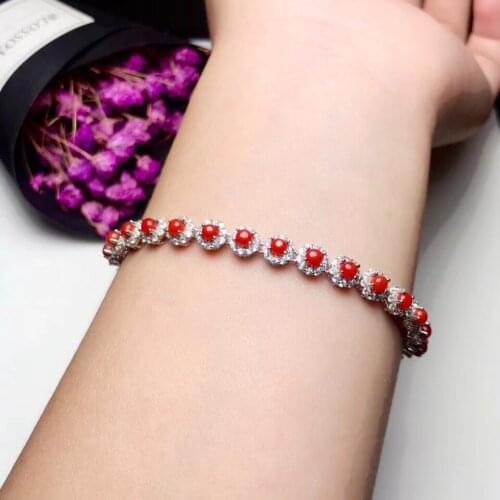 Natural red coral gem bracelet S925 silver natural gemstone bracelet Luxurious round Sun flower woman girl wedding present