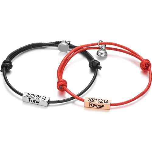 1Pair Personalized Couple Bracelets Magnetic Clasps Lock Key for Lovers Custom Name Date Friendship Rope Bracelet Jewelry Gift