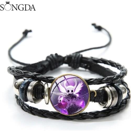 Game Hollow Knight Charm Bracelet Cute Cartoon Figure Glass Photo Dome Black Leather Bracelets Men Women Accessories Gift