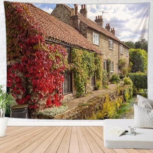 Landscape Tapestry Red Flowers and Huts for Livingroom Photography Wall Decor