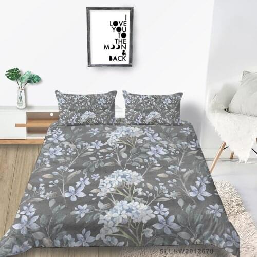 Blue Flowers Bedding Set Full Size Country Style Gray Duvet Cover Wildflowers Single King Queen Twin Double Bed Set Artistic