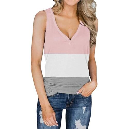 Summer Sleeveless Tops Tee Shirt Womens Casual Loose Color Matching Button V-neck T-Shirts 2021 New Футболки с коротким рукавом