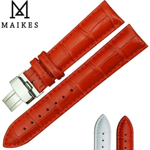 MAIKES Folding Buckle Watch Band 14mm 16mm 18mm 20mm 22mm Red Genuine Calf Leather Watch Strap For Women Quartz Watch